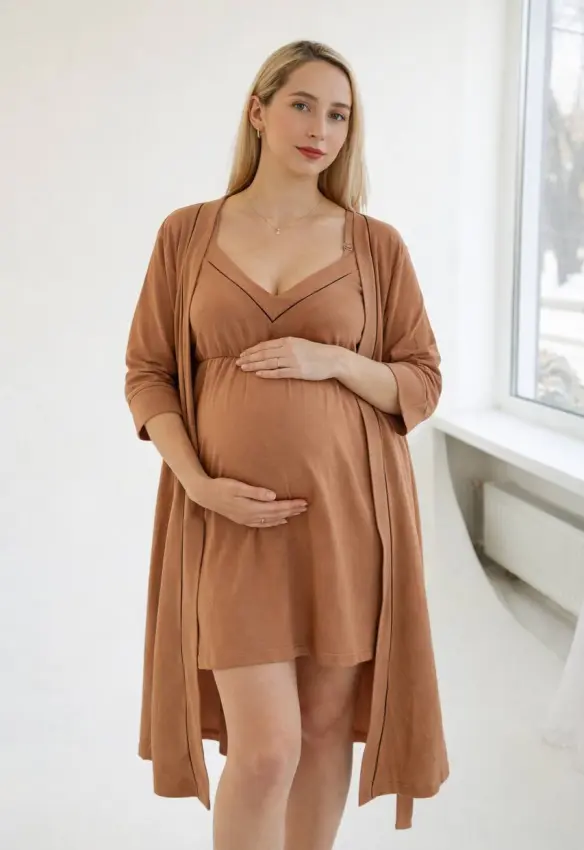 Комплект у пологовий халат та нічна кант | Колір: Карамельний. Розмір: 48/50. Сонечко