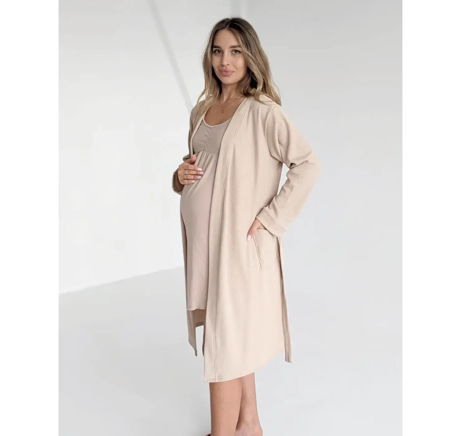 Комплект теплий вафельний халат і сорочка для годування. Колір: Пісочний. Розмір:  50/52. Divatex
