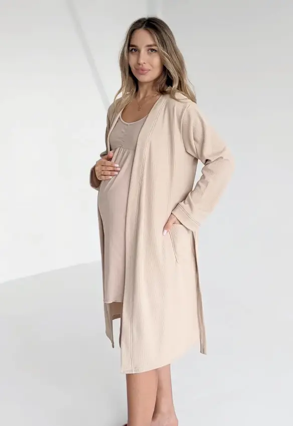 Комплект теплий вафельний халат і сорочка для годування. Колір: Пісочний. Розмір:  50/52. Divatex