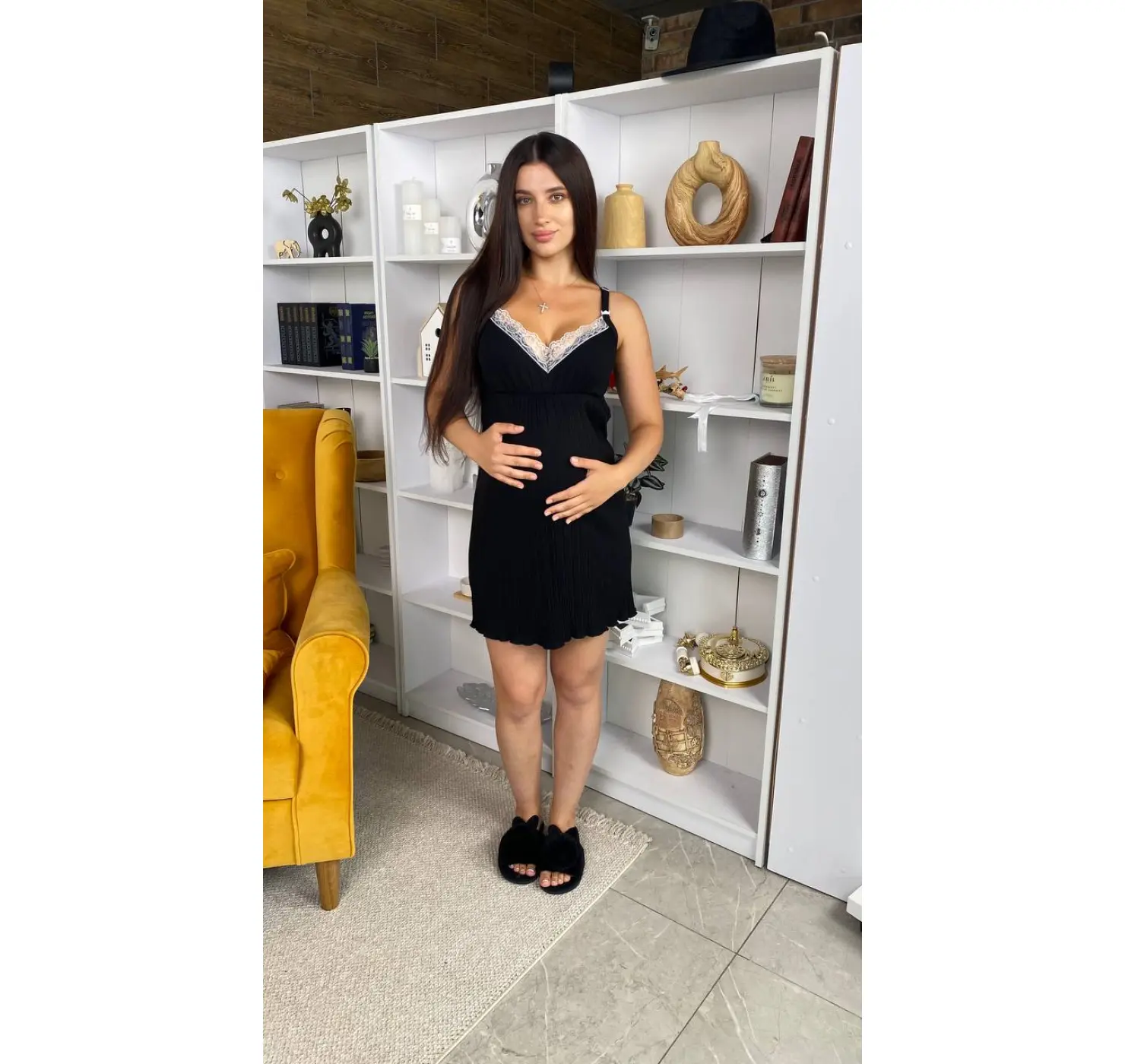 Нічна сорочка для годування рапорт. На кліпсі. Розмір: 44/46| Колір: Чорний. Сонечко