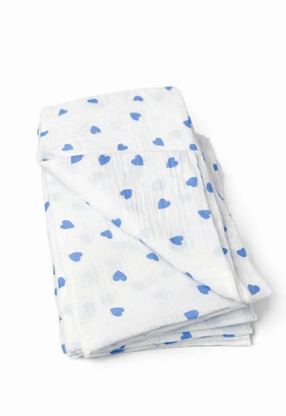 Пелюшка муслін жатка. Принт Серце. Колір: Синій. Розмір: 90х80 | Матеріал: Муслін. Home.mama