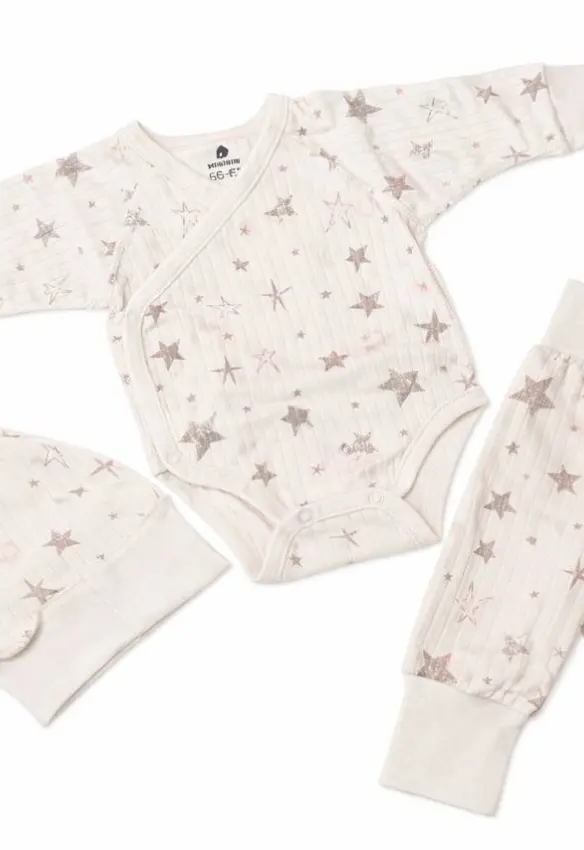 Комплект рубчик зростаючий (Боді, повзунки, шапочка). Принт: Зірка. Розмір: 56/62 | Колір: Бежевий/Коричневий. MiNiKIN
