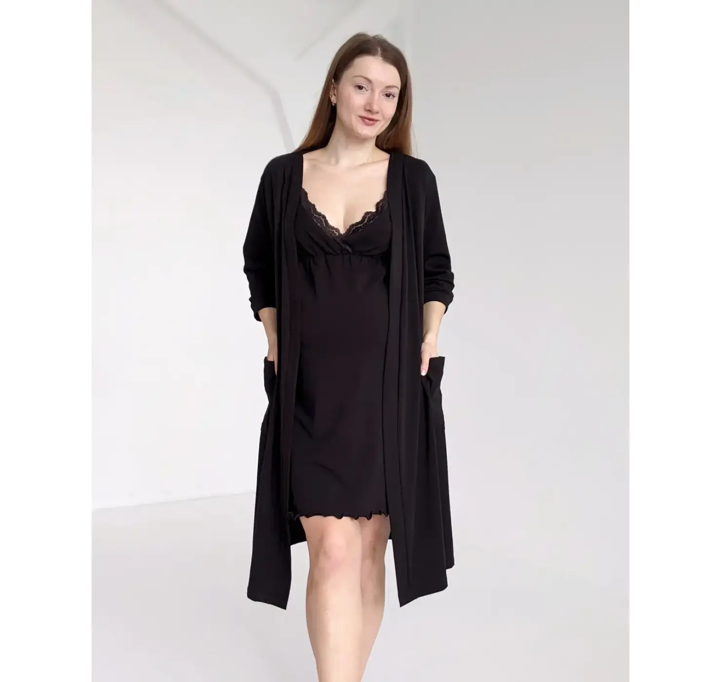 Комплект халат і сорочка з кліпсами для годування. Колір: Чорний | Розмір: 46/48. DIVATEX