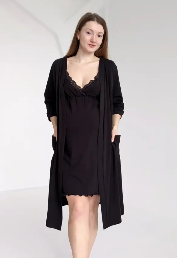 Комплект халат і сорочка з кліпсами для годування. Колір: Чорний | Розмір: 46/48. DIVATEX