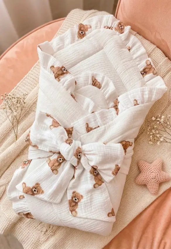 Мусліновий утеплний плед на виписку + бант. Принт: Ведмедики. Розміри: 90/90 . Колір : Білий. SweetMario