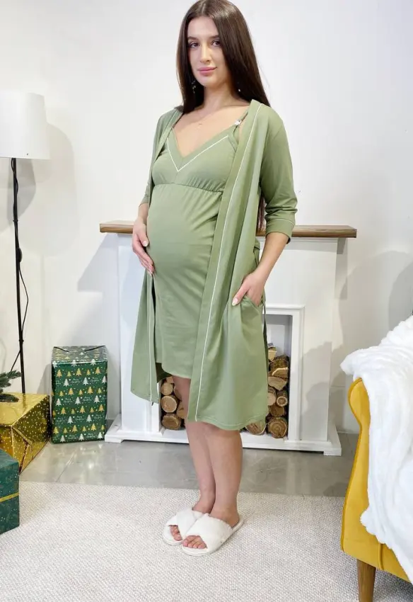 Комплект у пологовий халат та нічна кант | Колір: Оливковий. Розмір: 44/46. Сонечко