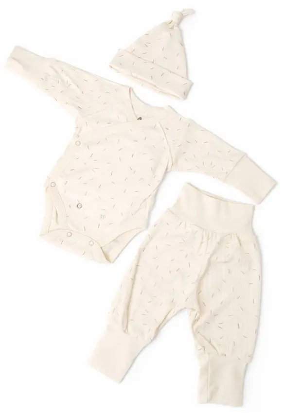 Комплект рубчик зростаючий (Боді, повзунки, шапочка). Принт: Рисочка. Розмір: 56/62 | Колір: Бежевий. MiNiKIN
