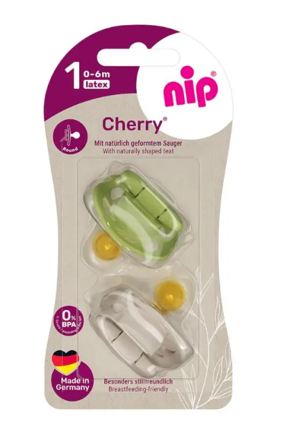 Пустушка кругла "Вишенька". Матеріал: Латекс | Колір: Зелений/Бежевий | Вік: 0-6 міс. | Соска: "Д" | Кількість: 2 шт. Nip