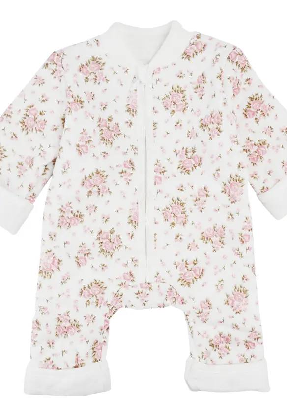 Комбінезон на блискавці. Принт: Квіти. Розмір: 62 | Колір: Молочний/Пудровий. MINIKIN