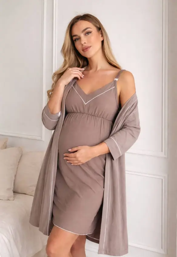 Комплект у пологовий халат та нічна кант | Колір: Капучино. Розмір: 44/46. Сонечко