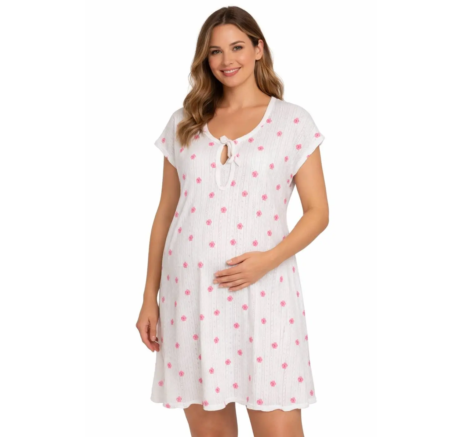 Нічна з великим вирізом на пологи. Матеріал: Жакард. Принт: Квіти Рожеві . Розмір: 46/48 | Колір: Молочний . Home.Мama