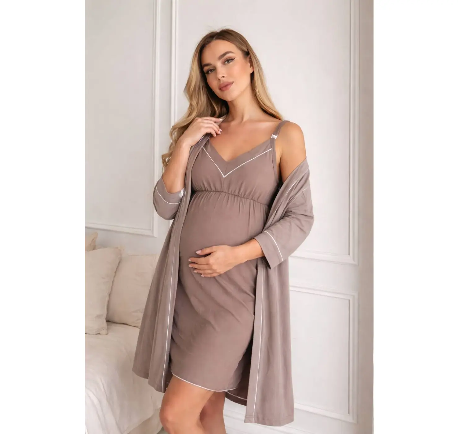 Комплект у пологовий халат та нічна кант | Колір: Капучино. Розмір: 52/54. Сонечко вид 1
