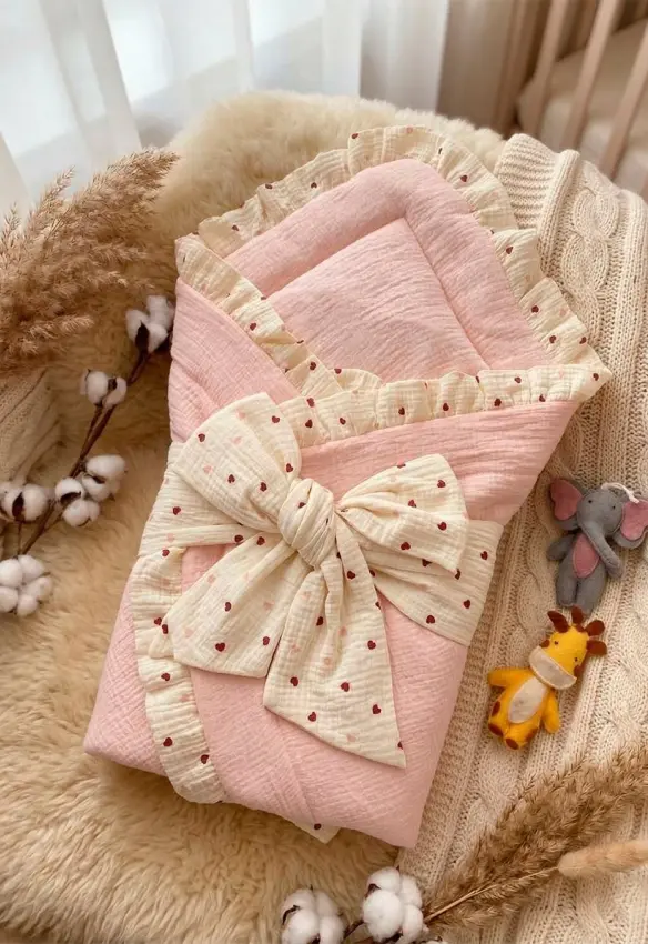 Мусліновий утеплний плед на виписку + бант. Розміри: 90/90 . Колір : Пудра. SweetMario
