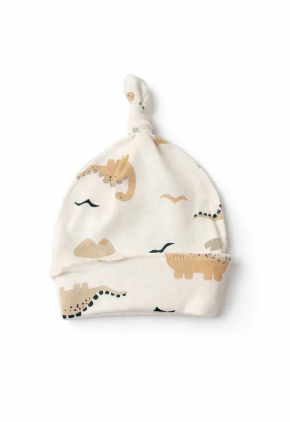 Шапочка в пологовий з вузликом.Принт: Динозаври. Колір : Сірий/ Молочний | Розмір: 0-2 міс .Sweet Mario