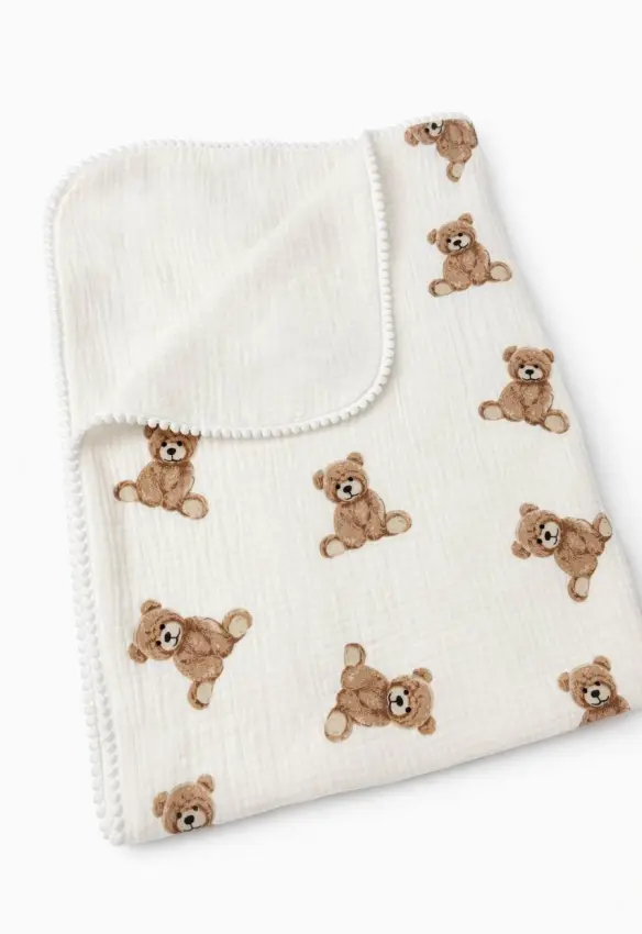 Плед мусліновий чотирьох шаровий з китицями. Розмір: 90/70| Колір: Молочний| Матеріал: Муслін. SweetMario