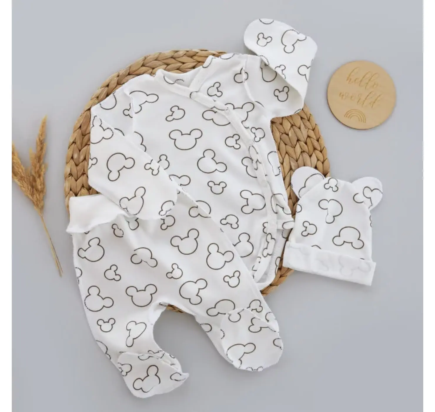 Набір 3в1: Боді-розпашонка, повзунки та шапочка Міккі. Колір: Молочний. Матеріал: Інтерлок. Розмір: 62 (1-3міс). Home.mama