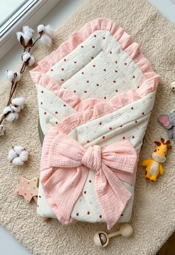 Мусліновий утеплний плед на виписку + бант. Розміри: 90/90 . Колір : Молочний/Пудровий. SweetMario