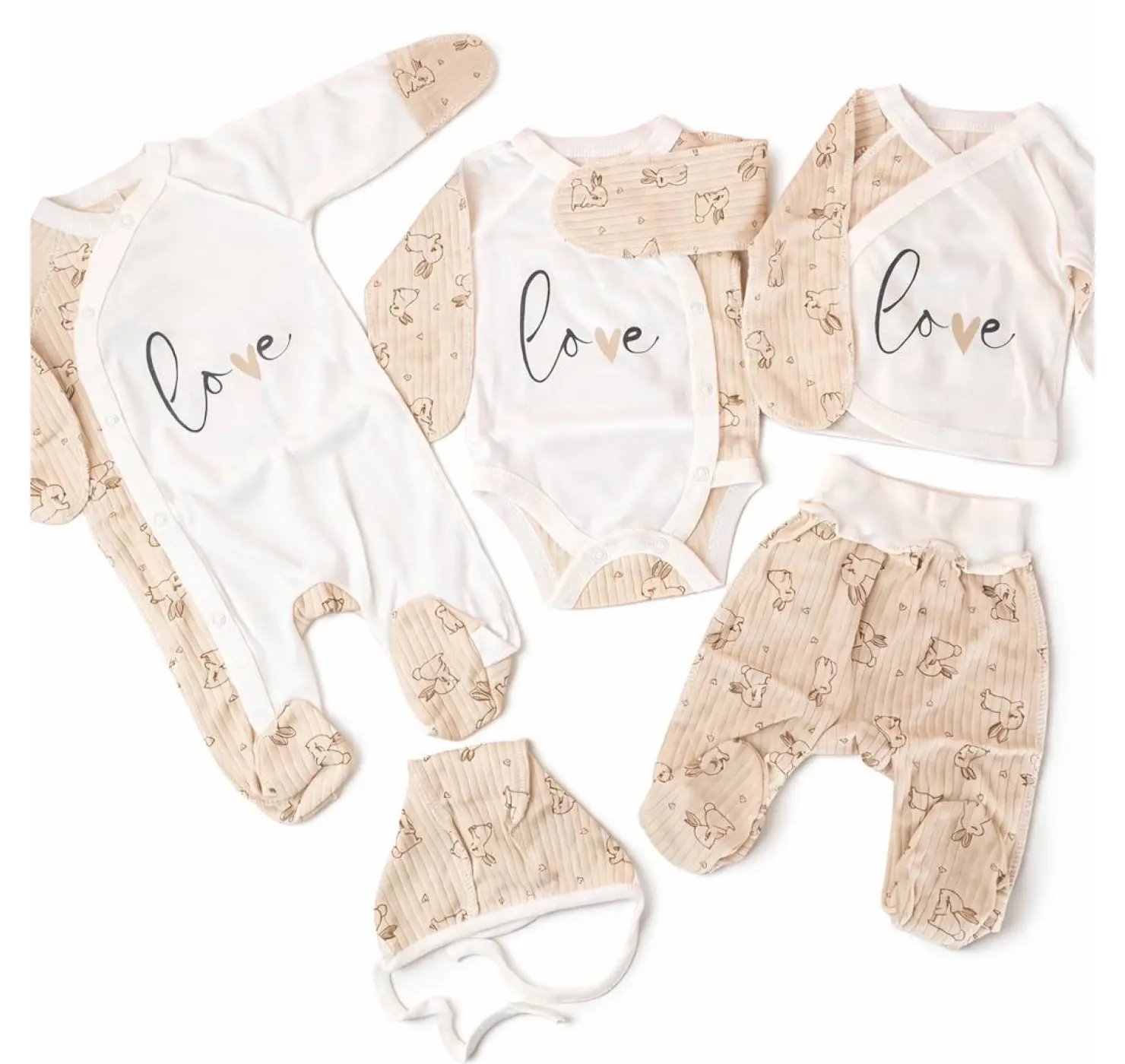 Комплект 5-ти предметний (комбінезон, боді, повзунки, льоля, шапочка). Матеріал: Інтерлок. Принт: Зайчики. Розмір: 56 | Колір: Бежевий. Sweet Mario