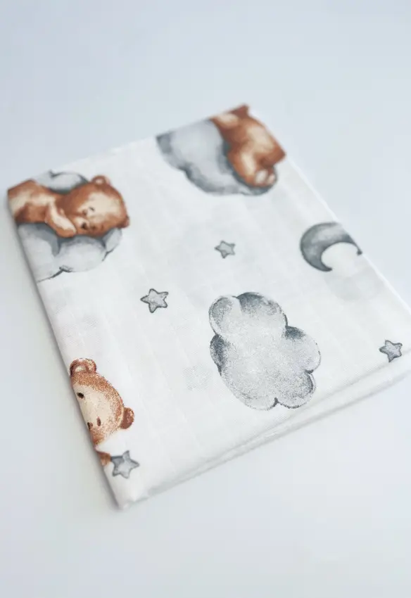 Пелюшка муслін звичайний. Принт Ведмедики. Колір: Бежевий. Розмір: 100х80 | Матеріал: Муслін.