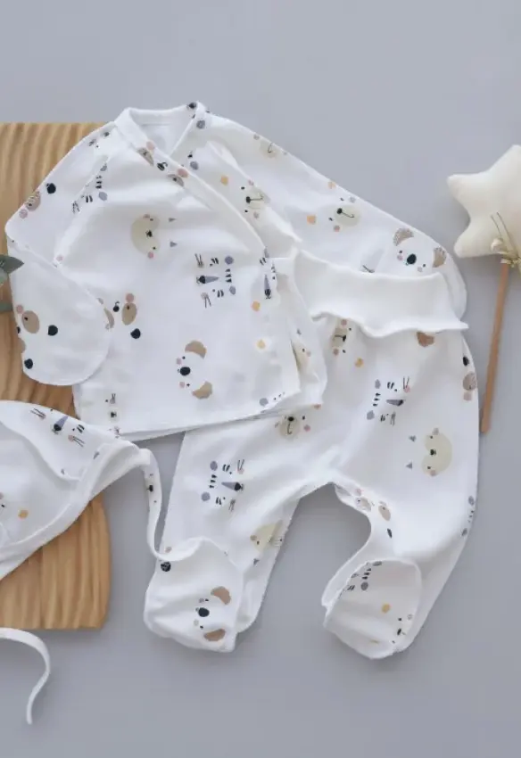 Набір 3в1: Льоля, повзунки та шапочка на зав’язках Ведмедики Мордочки. Колір: Молочний.  Матеріал: Інтерлок.  Розмір: 56 (0-1міс). Home. mama