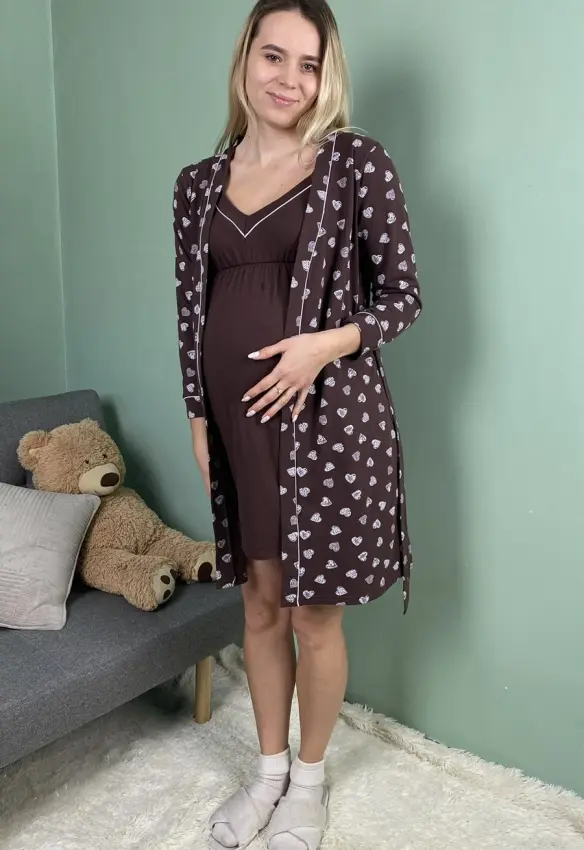 Утеплений комплект у пологовий халат Сердечко та нічна | Колір: Коричневий. Розмір: 48/50. Сонечко