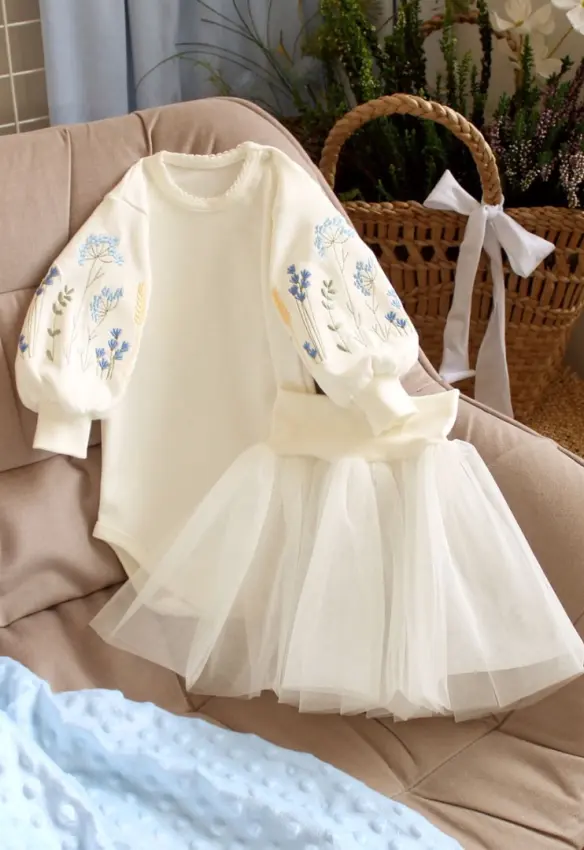 Вишитий набір для хрещення дівчинки Розмай Блакить боді+спідничка. Розмір: 62. Ладан