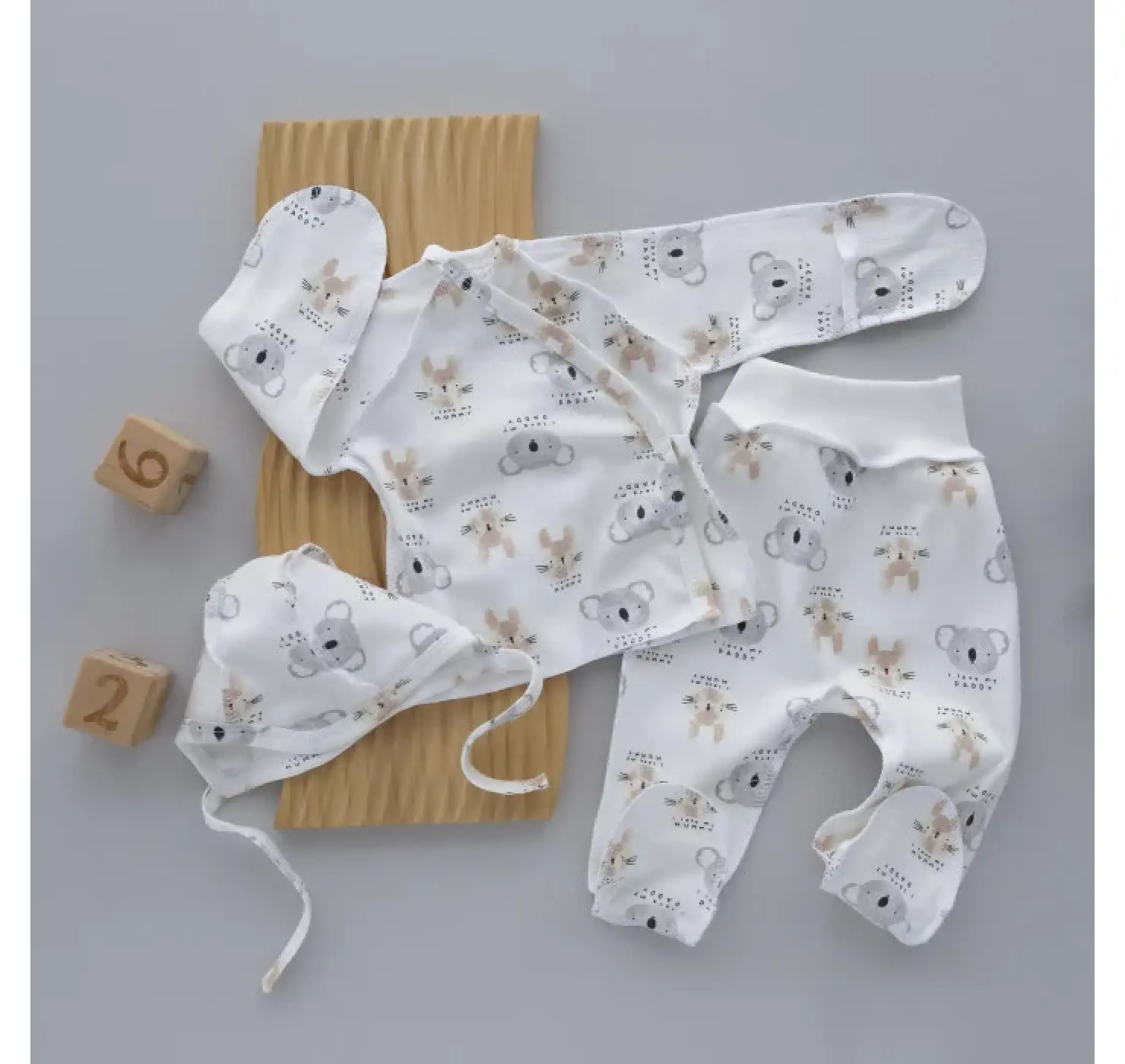 Набір 3в1: Льоля, повзунки та шапочка на зав’язках. Принт: Коала. Матеріал: Інтерлок. Розмір: 56 (0-1міс.). Home.mama
