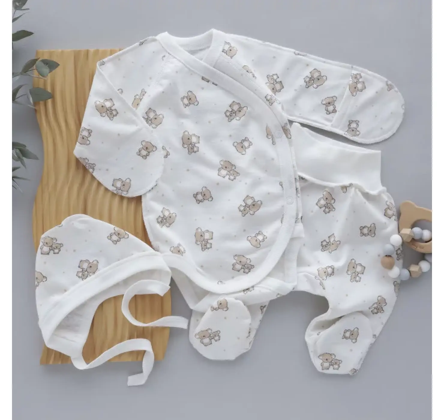 Набір 3в1: Боді, повзунки та шапочка на зав’язках. Принт: Коали. Колір: Молочний/Бежевий. Матеріал: Футер - з начосом. Розмір: 62 (3-6міс). Home .mama