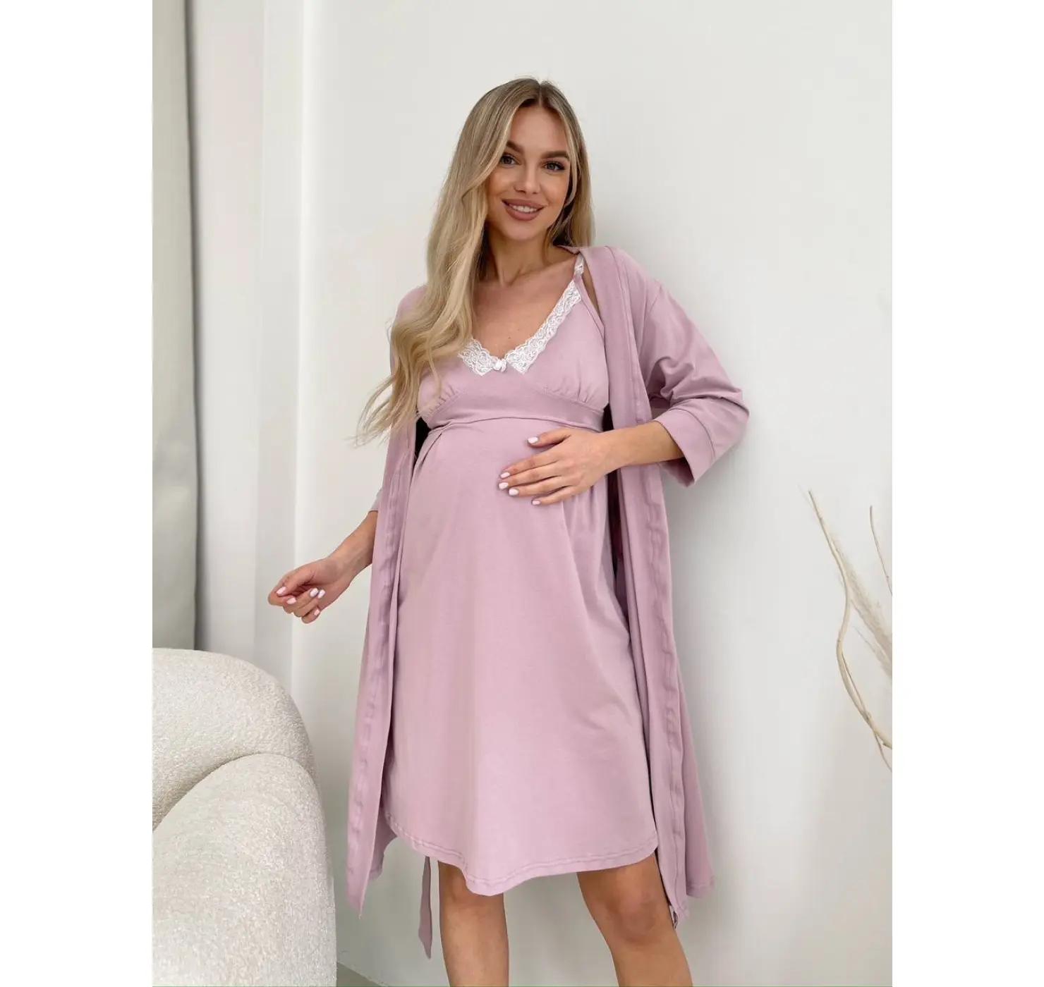 Комплект халат і сорочка у пологовий. Колір: Пудра| Розмір: 52/54. Home.mama