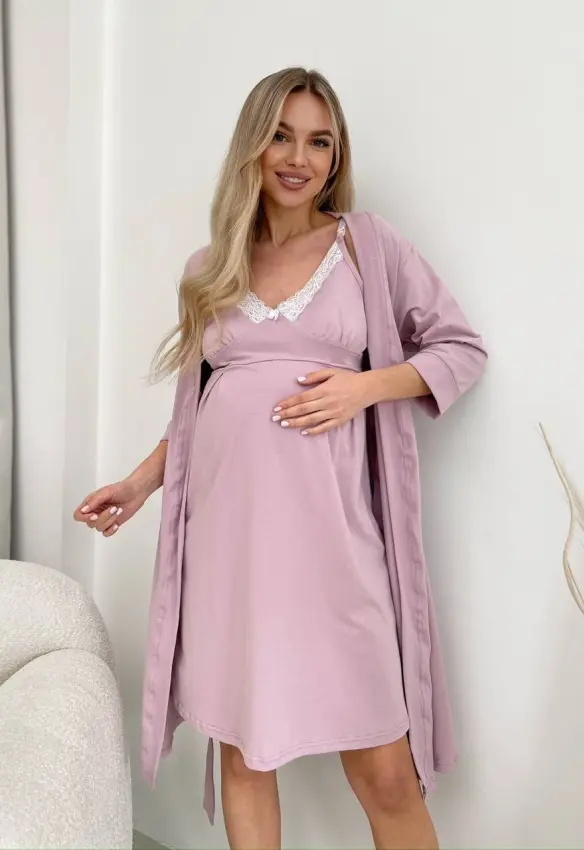 Комплект халат і сорочка у пологовий. Колір: Пудра| Розмір: 52/54. Home.mama