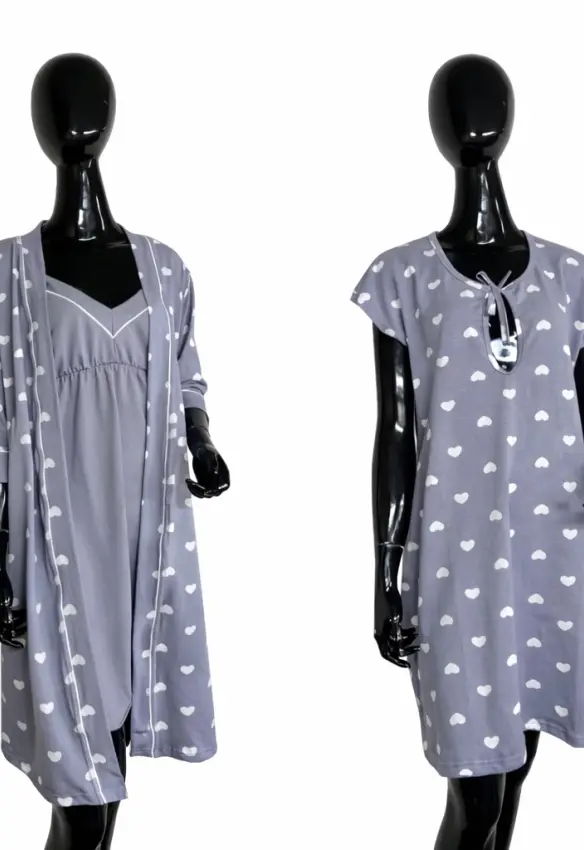 Нічна з великим вирізом на пологи.  Принт: Сердечко . Розмір: 46/48 | Колір: Сірий. Home.Мama