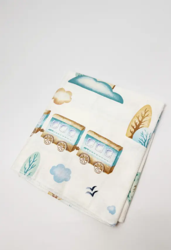 Байкова пелюшка. Принт: Потяг. Матеріал: Байка. Колір : Бірюзовий| Розмір: 90х80.Home.mama