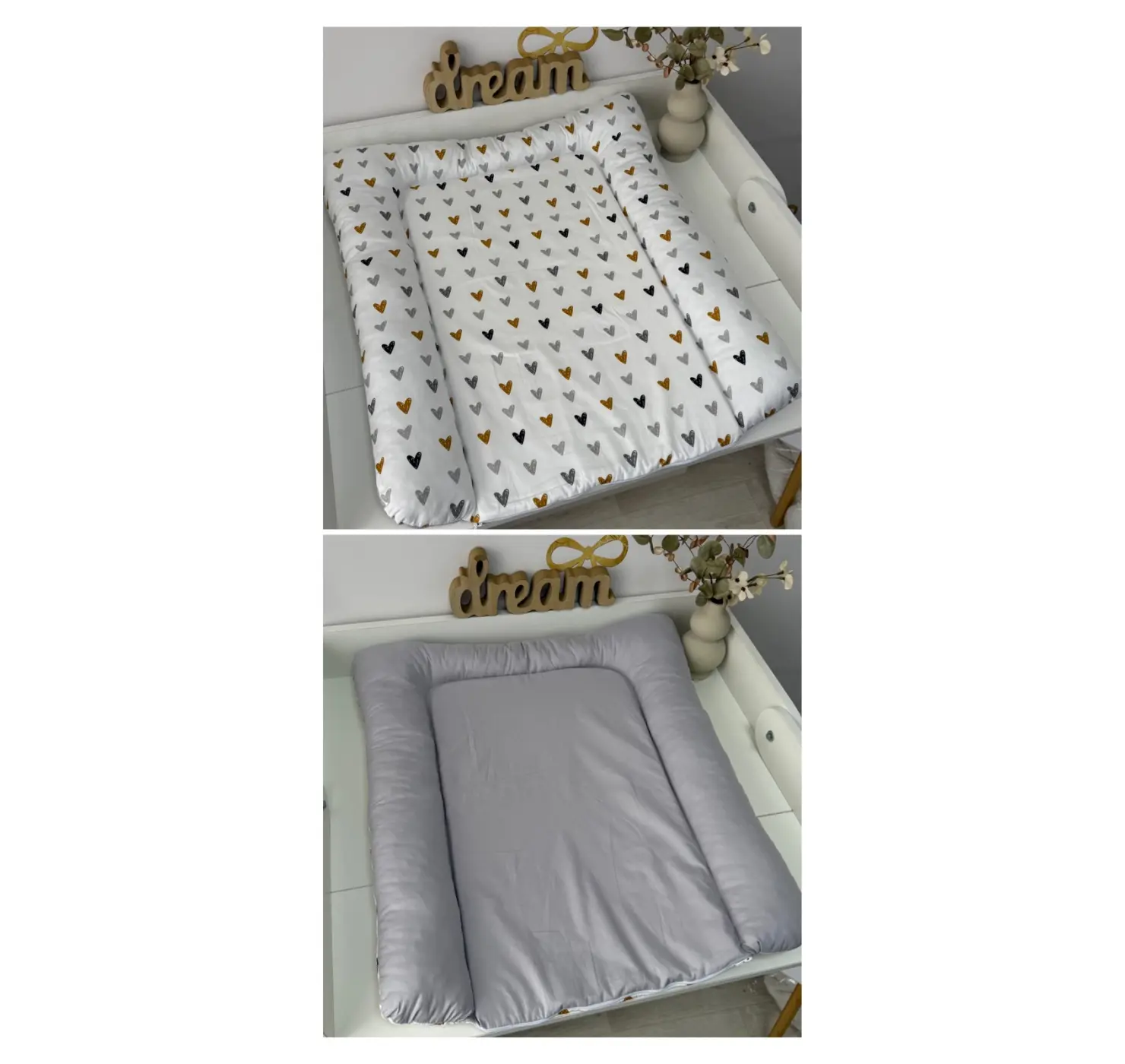 Повивальний матрац + непромокаюча пелюшка . Принт Серця. Колір: Білий/Коричневий : Розміри : 60*70. Home.mama вид 3
