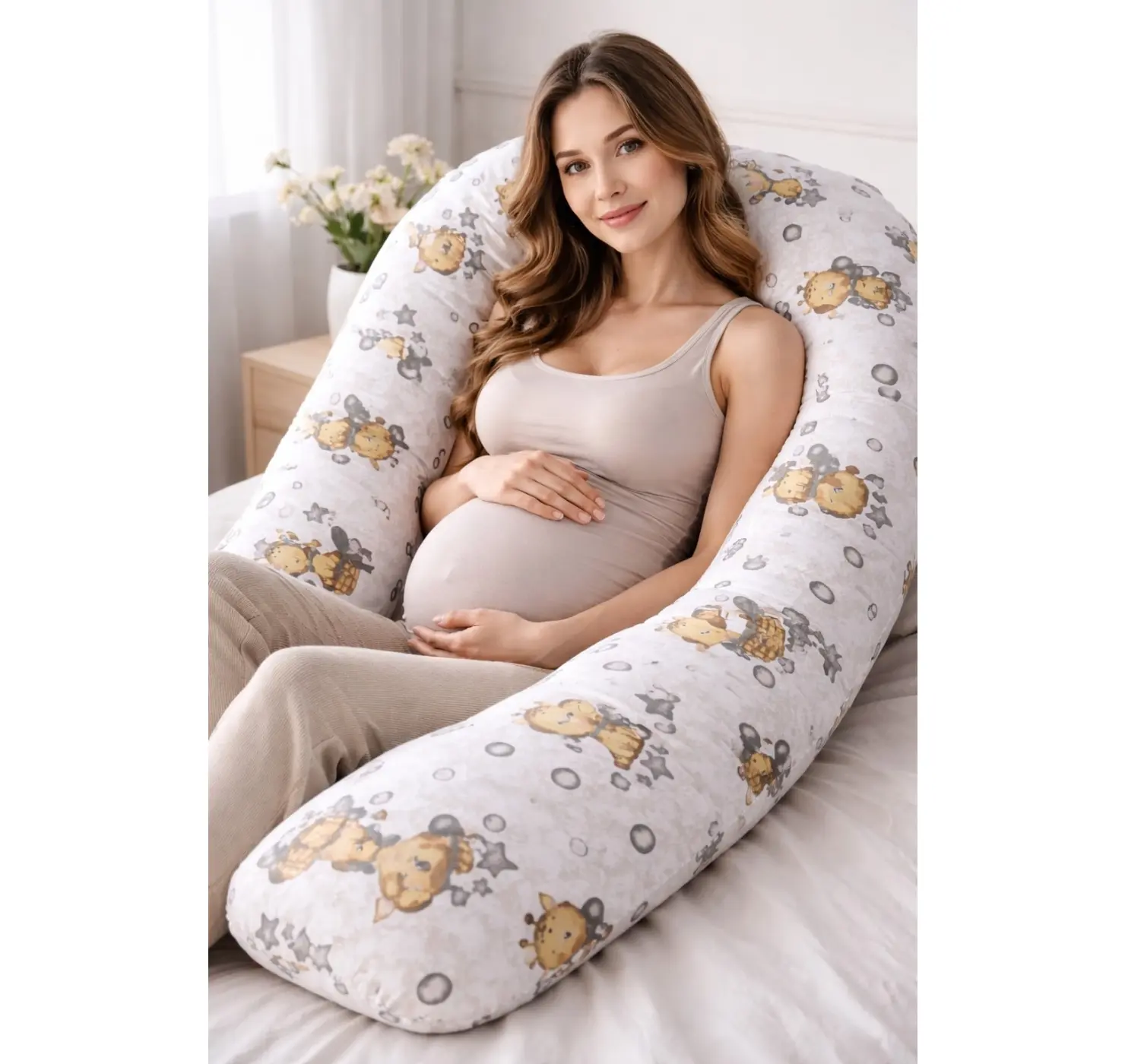 Подушка для вагітних Бавовняна Підкова Жирафики| Колір: Сірий/Коричневий. Розмір:160 см. Home.mama