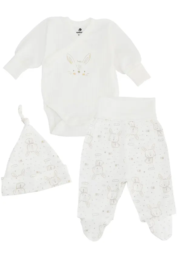 Комплект   (Боді, повзунки, шапочка). Розмір: 62 | Колір: Молочний. MiNiKIN