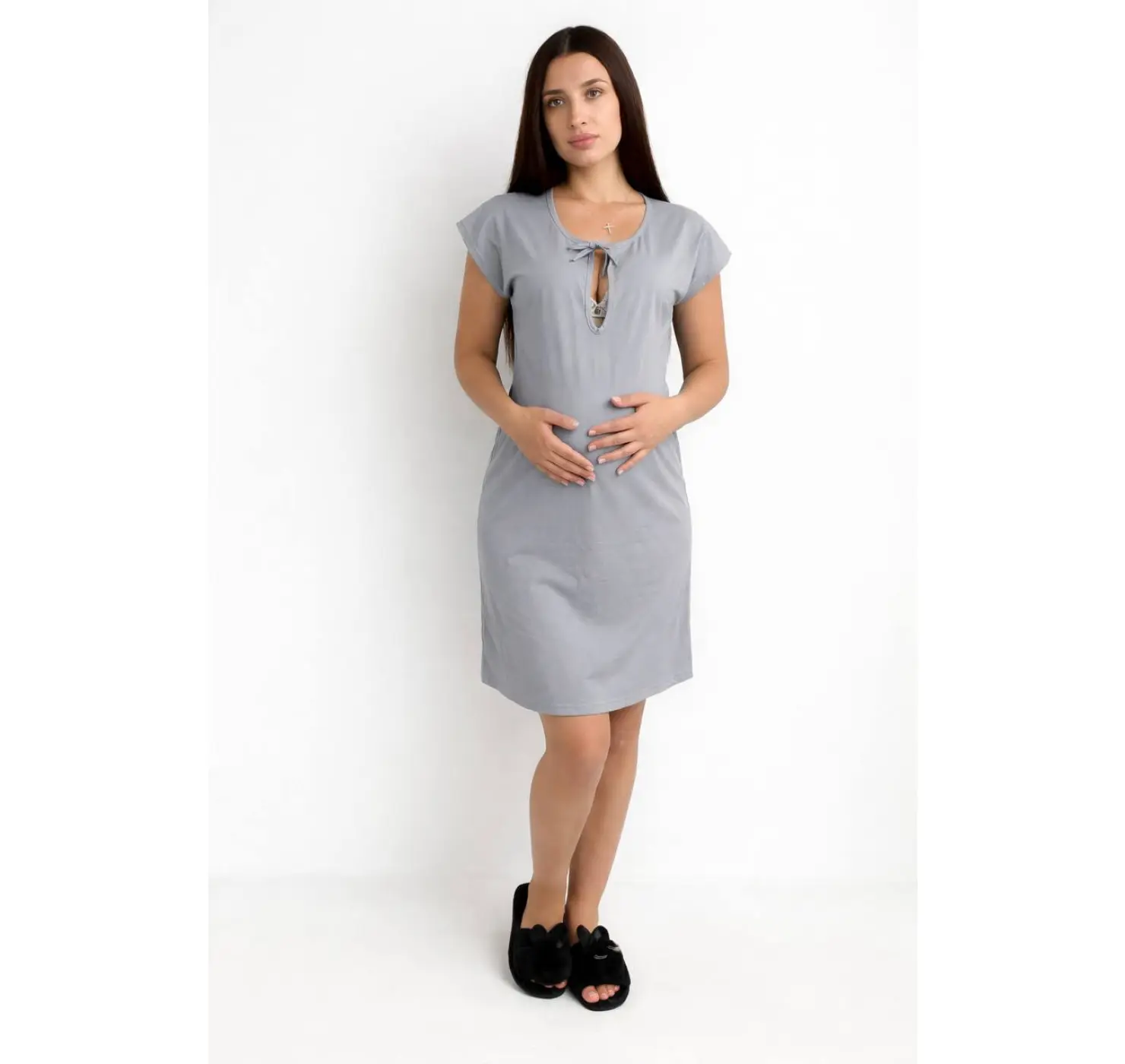 Нічна з великим вирізом на пологи. Розмір: 46/48| Колір: Темно-Сірий . Сонечко вид 1