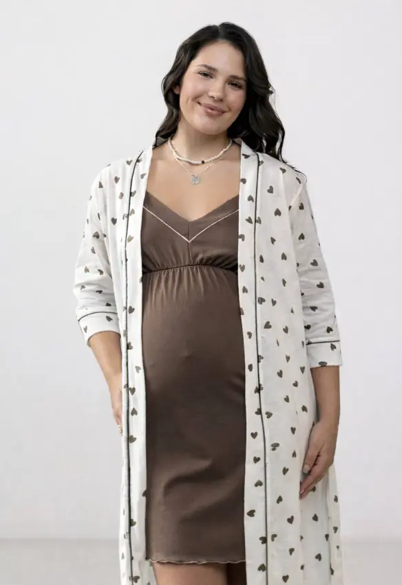 Комплект у пологовий халат та нічна кант сердечко | Колір: Молочний. Розмір: 44/46. Home.mama